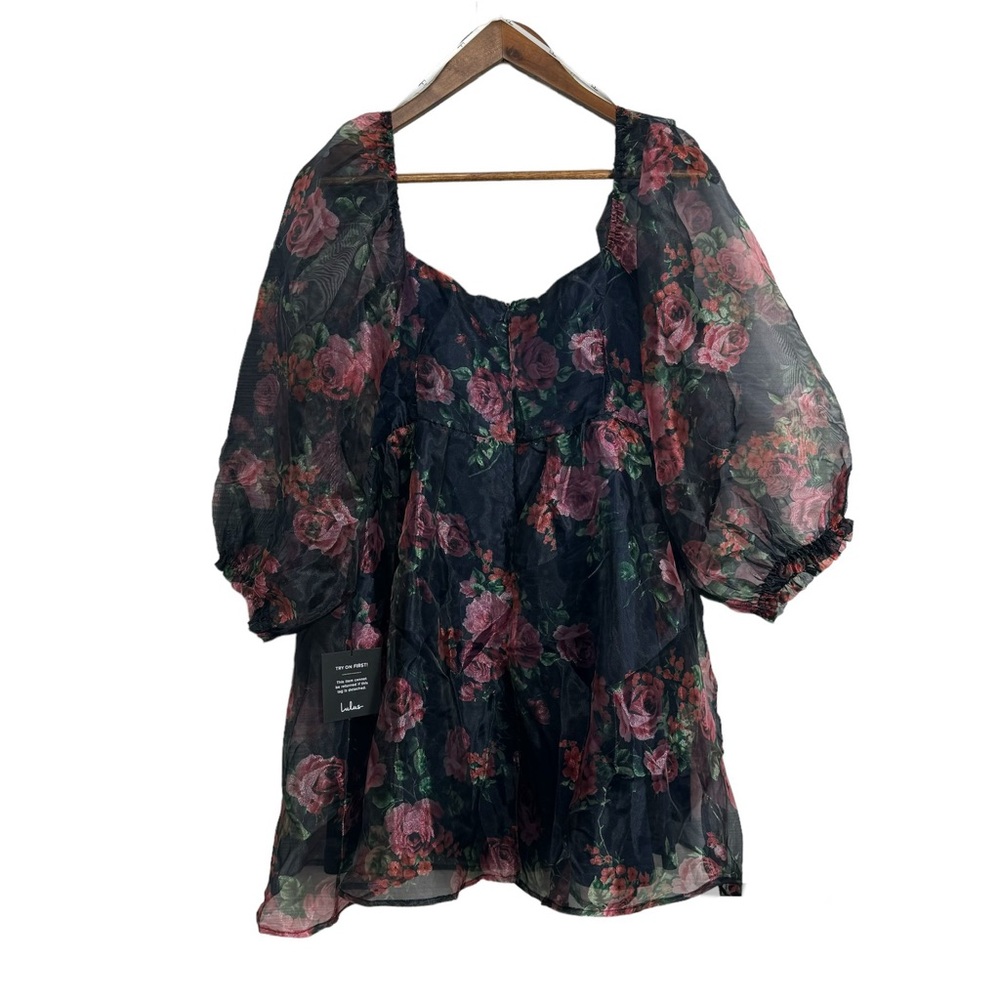 Lulus‎ Sweetly Flirty Navy Blue Floral Organza Puff Sleeve Mini Dress - Picture 3 of 8